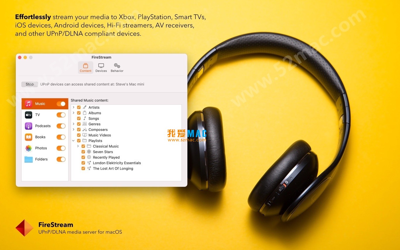 FireStream for Mac v2.0 UPnP/DLNA媒体服务器 破解版下载_mac版_注册机_序列号 | 爱上MAC